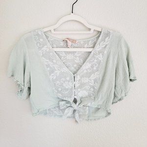Mint Lace Button-up Crop Top
